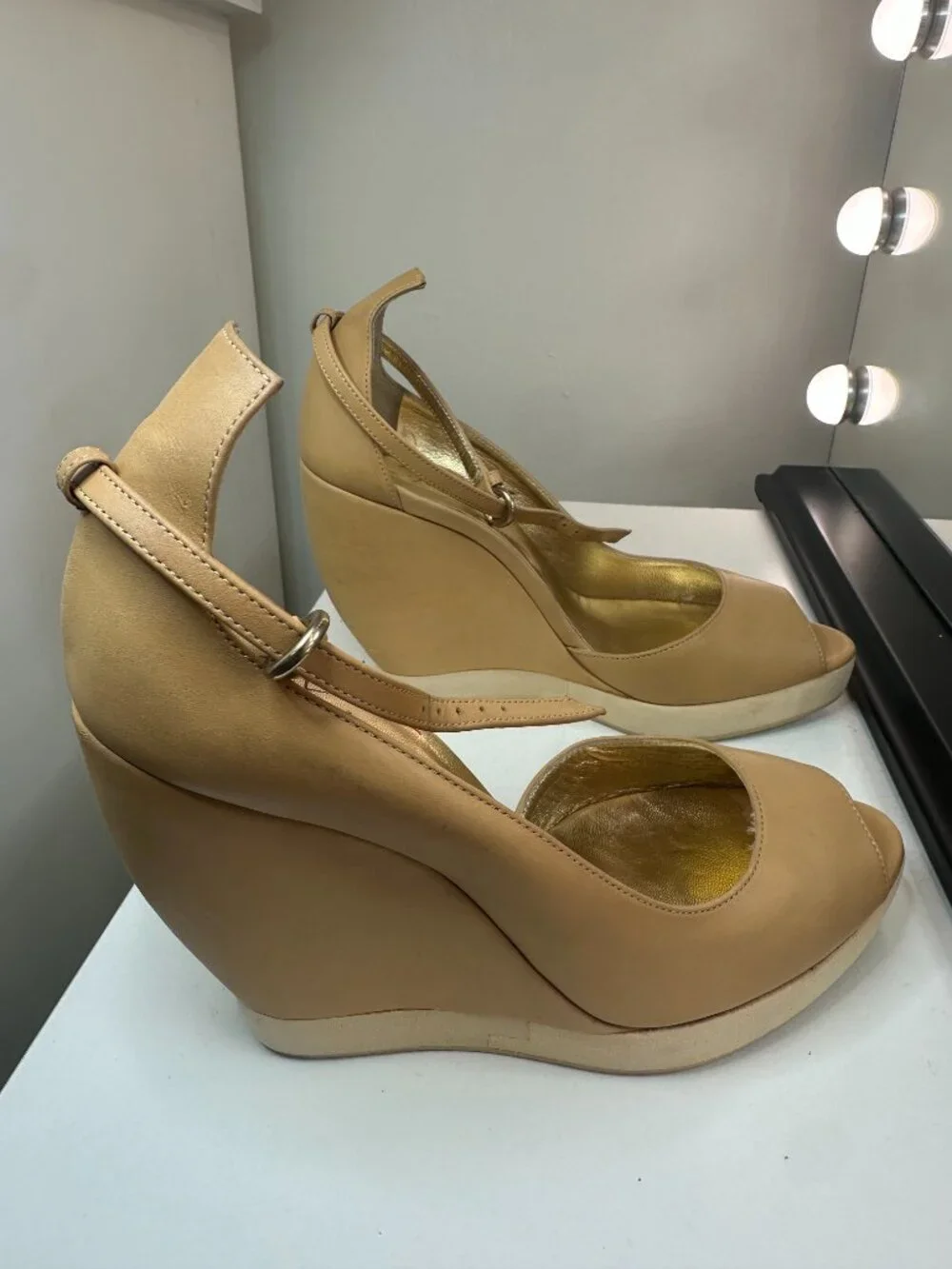 WALTER STEIGER Paris Nude Tan Leather Ankle-Strap Platform Wedge Sandals, EU 36.